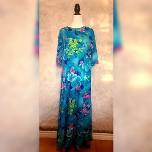 1970s Hawaii Bell Sleeve Maxi Dress Retro Hippie